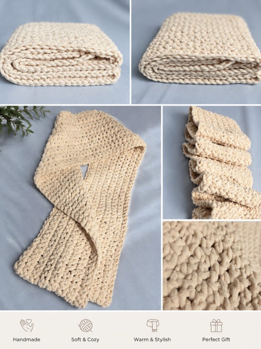A handmade chunky knit infinity scarf made with super soft yarn.